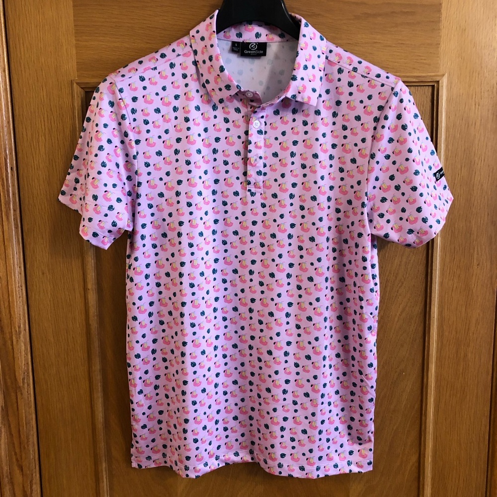 Greenside Golf Pink Flamingo Cocktails Tropical Performance Polo Shirt Size S